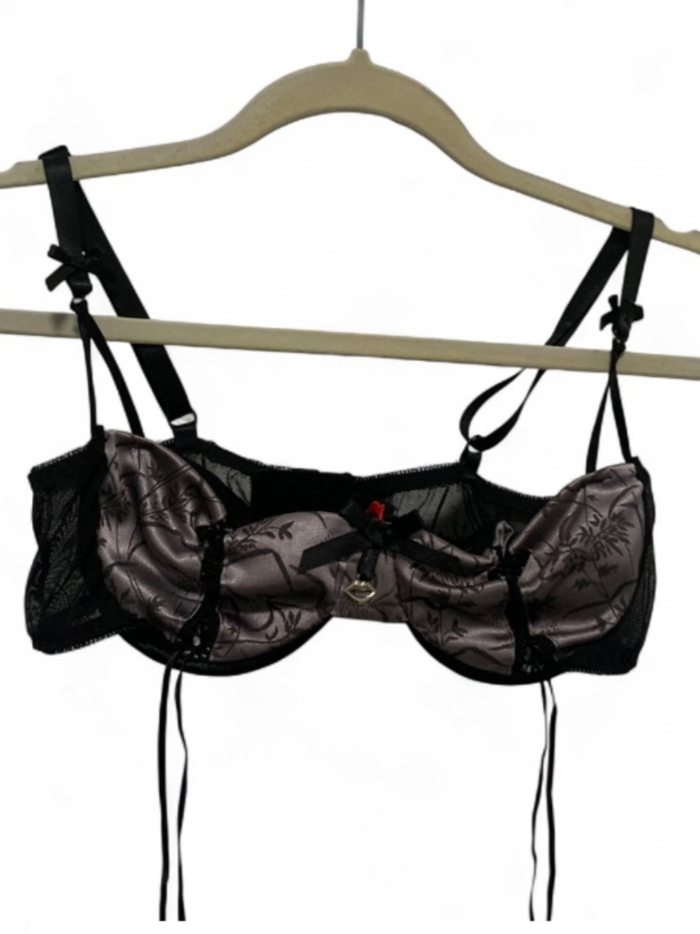 Coquette Black & Gray Satin Floral Lace Up Front Underwire Bra